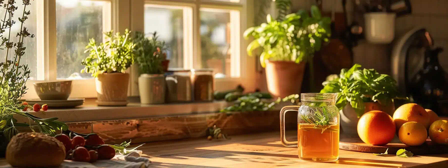 a serene and inviting kitchen scene, bathed in warm natural light, showcases fresh fruits and vegetables alongside a calming herbal tea, symbolizing a holistic approach to alleviating tmj pain through mindful dietary choices and relaxation practices.