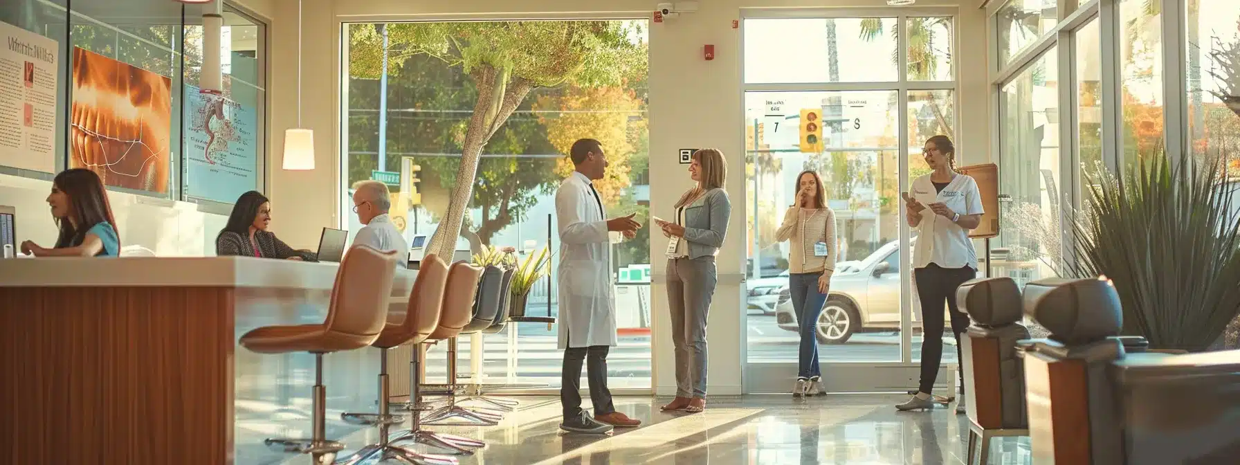 a serene and welcoming dental office in los angeles, where soft natural light streams through large windows, highlighting a diverse group of patients discussing flexible payment plans for dental implants with a compassionate staff member.
