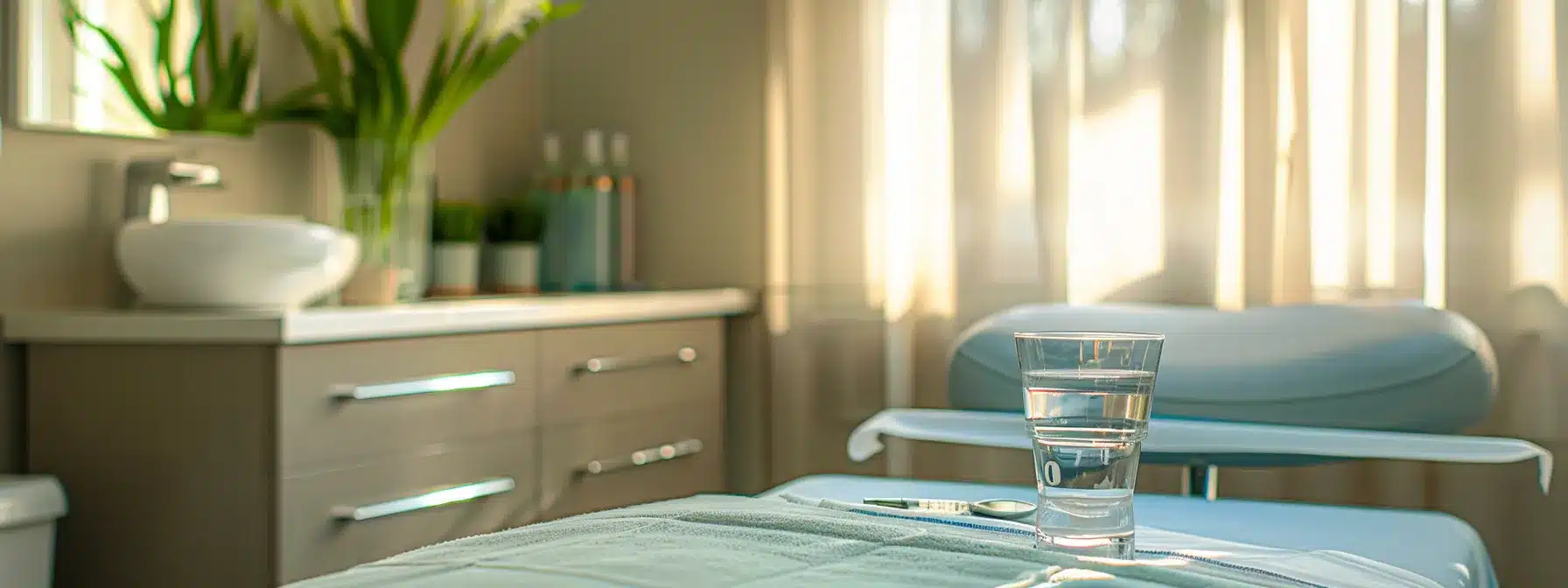 a serene, bright dental recovery room featuring a refreshing glass of water on a bedside table, symbolizing the importance of hydration for effective healing after dental implant surgery.