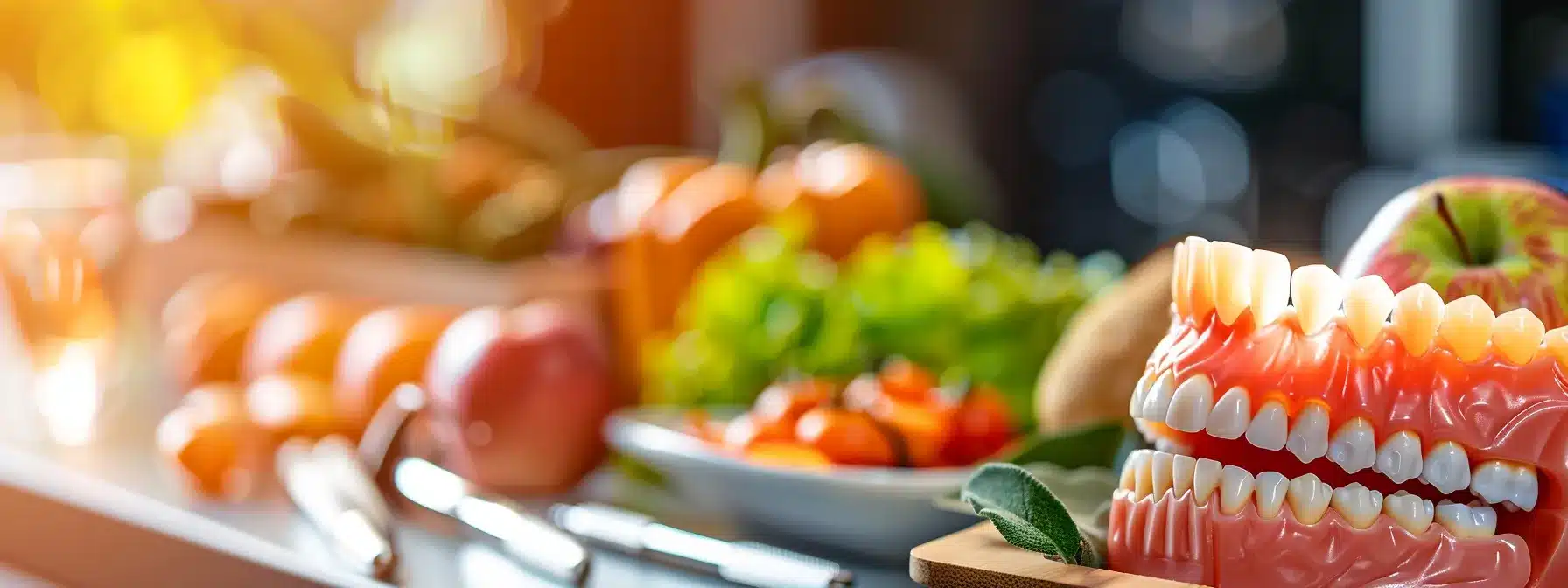 a serene, close-up view of a patient’s mouth showcasing freshly placed dental implants, illuminated by soft, warm light to highlight the subtle healing tissues and dental care tools arranged thoughtfully beside a vibrant plate of nutritious foods.