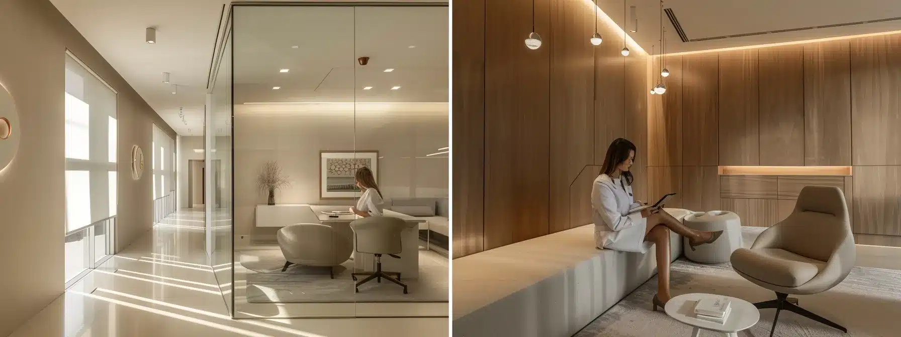 a serene consultation room in a modern dental clinic, bathed in warm natural light, featuring a confident patient reviewing testimonials on a sleek tablet while considering dental implant options.