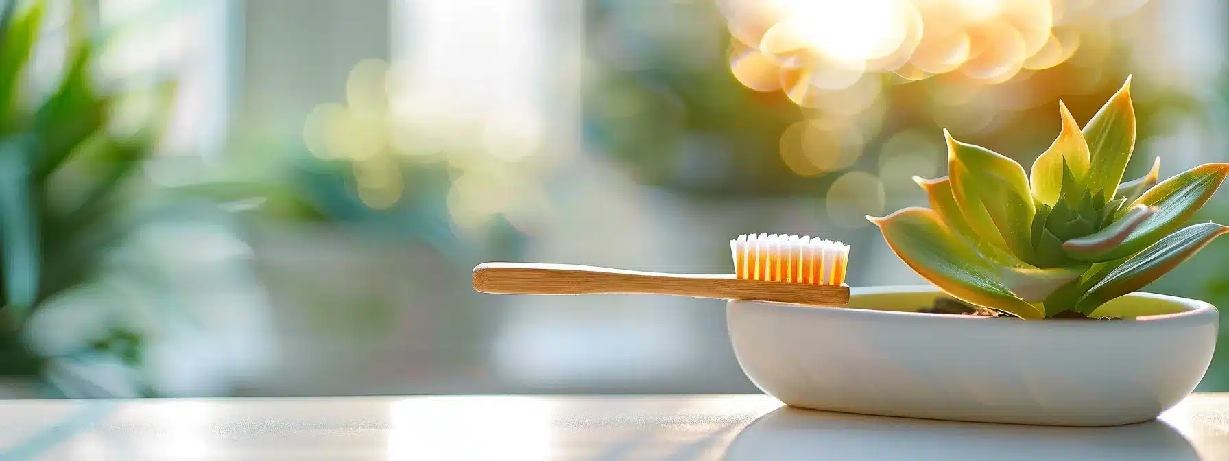 a serene dental care setting featuring a bright, airy environment with a soft-bristled toothbrush and non-abrasive toothpaste prominently displayed against a backdrop of relaxing greenery, symbolizing the importance of gentle care for long-term dental implant health.