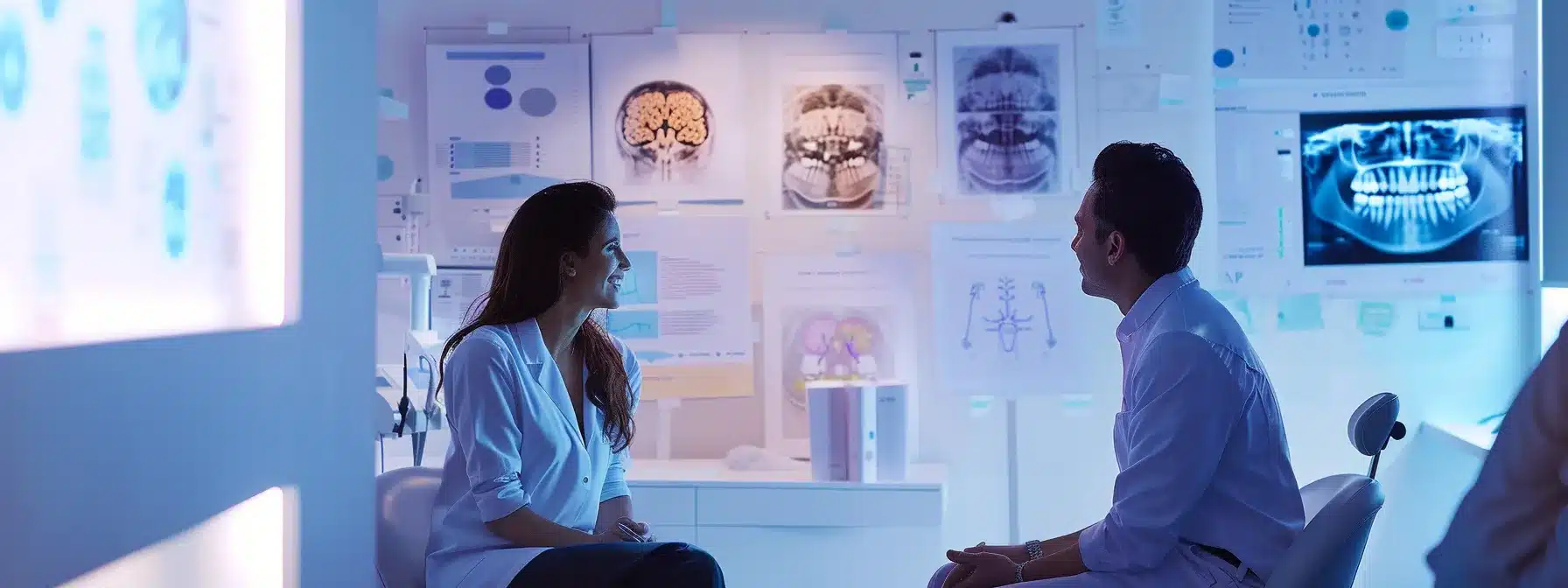 a serene dental clinic consultation room, bathed in soft natural light, where a patient sits attentively as a dental professional explains the essential steps and preparations for a successful dental implant surgery, with educational charts on the walls illustrating the healing journey and jaw structure.