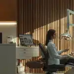 a serene dental clinic environment exuding professionalism, featuring a confident dental surgeon consulting with a satisfied patient, illuminated by soft, natural light to convey trust and reassurance.