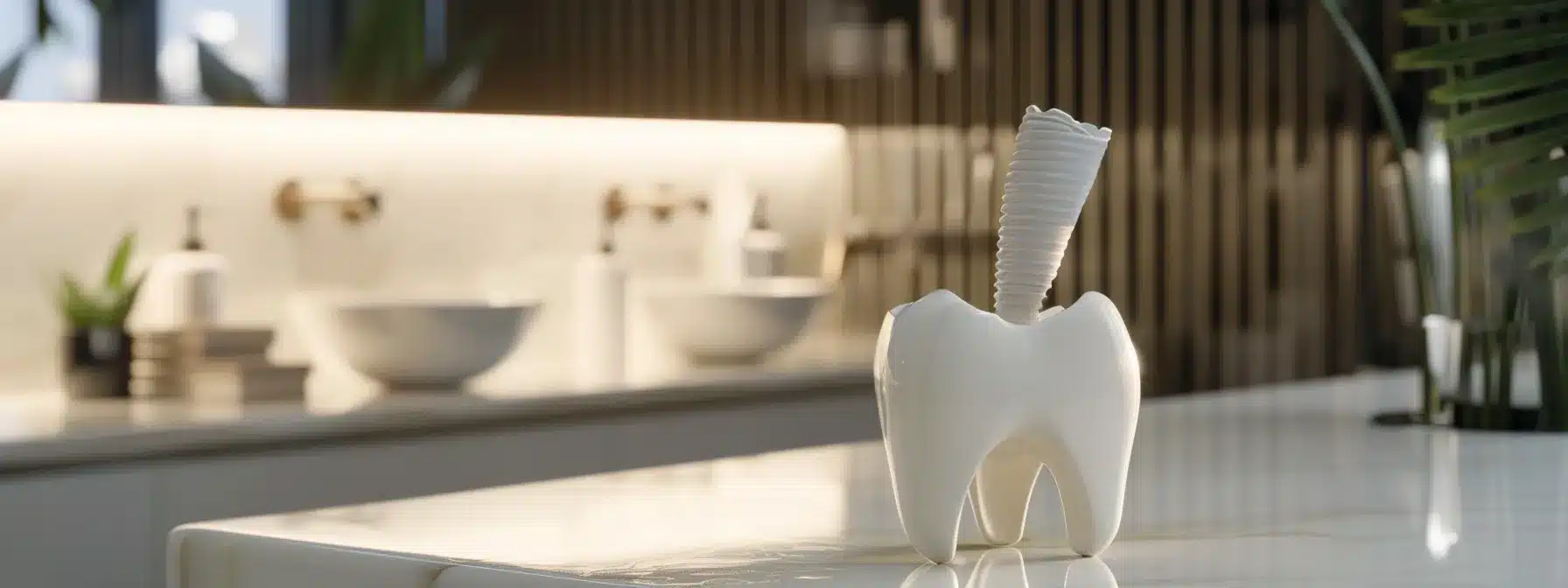 a serene dental clinic environment showcases a gleaming dental implant model resting on a pristine countertop, symbolizing the importance of meticulous oral hygiene practices in promoting healing and maintaining dental health.