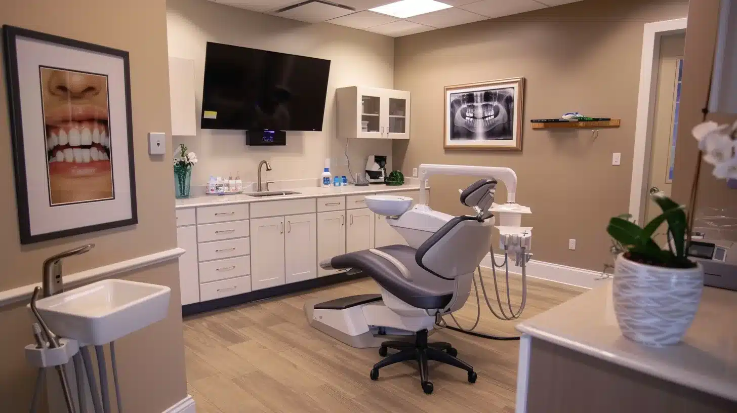 a serene dental clinic environment featuring a confident patient discussing with a compassionate dentist, illuminated by soft, warm lighting, conveying a sense of reassurance and clarity about dental implants.