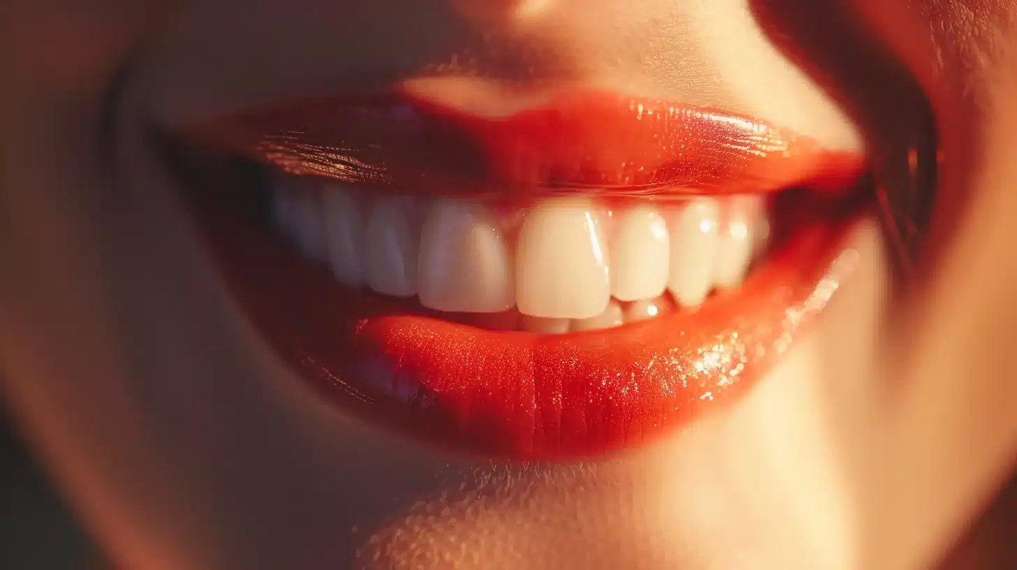 a serene dental clinic environment showcases a close-up of a patient confidently smiling, highlighting a flawless set of dental implants that blend seamlessly with natural teeth, illuminated by soft, warm lighting for a welcoming ambiance.