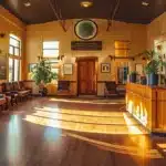 a serene dental clinic in denton, texas, bathed in warm, inviting light, showcases a smiling patient confidently displaying their new, affordable dentures, symbolizing hope and transformation.