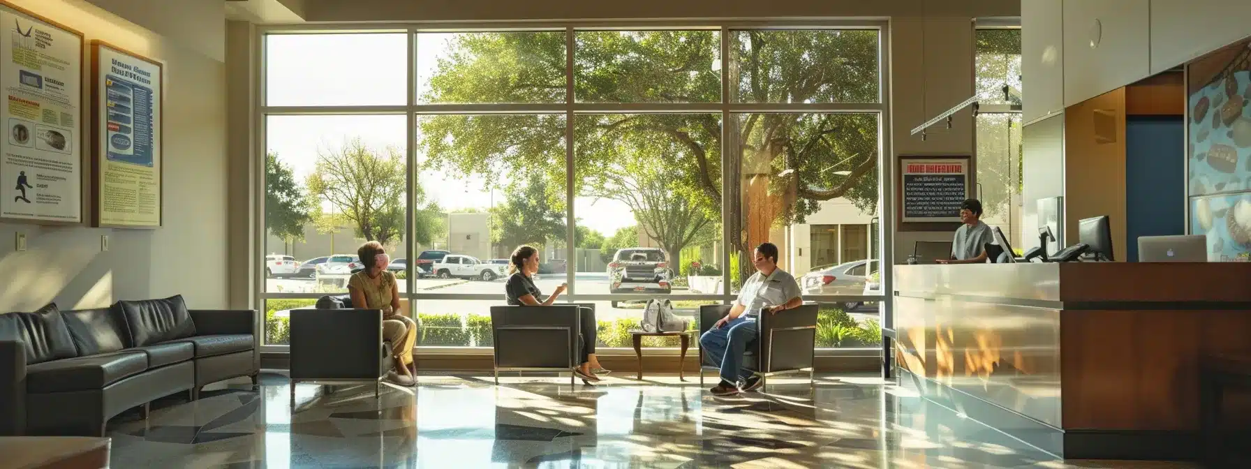 a serene dental clinic in fort worth showcases a patient consulting with a compassionate provider, surrounded by informational posters on implant care and recovery, illuminated by soft, natural light filtering through large windows.