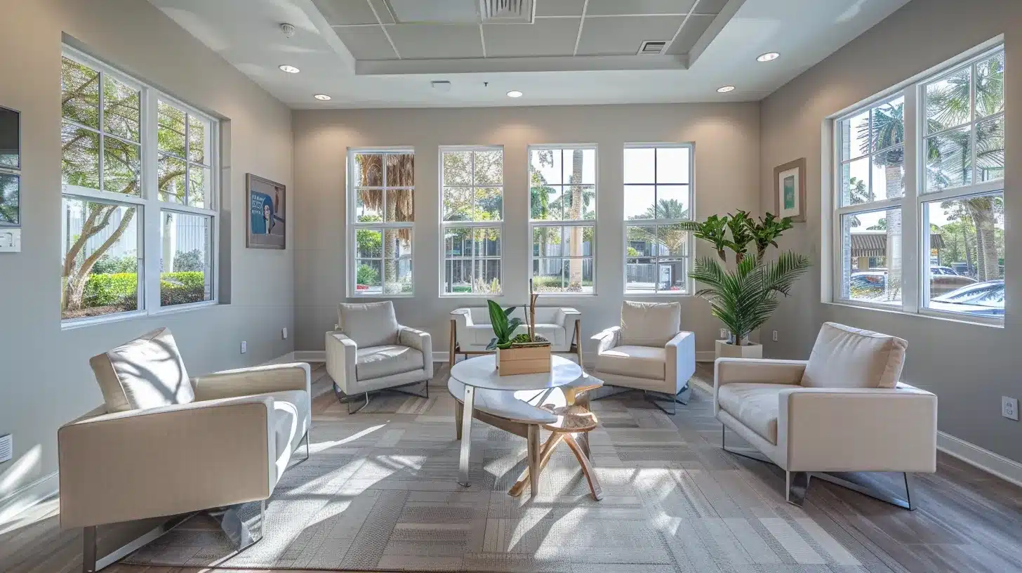 a serene dental clinic in lake worth, featuring a welcoming consultation room bathed in natural light, adorned with modern dental equipment and inspirational patient success stories highlighted on the walls.