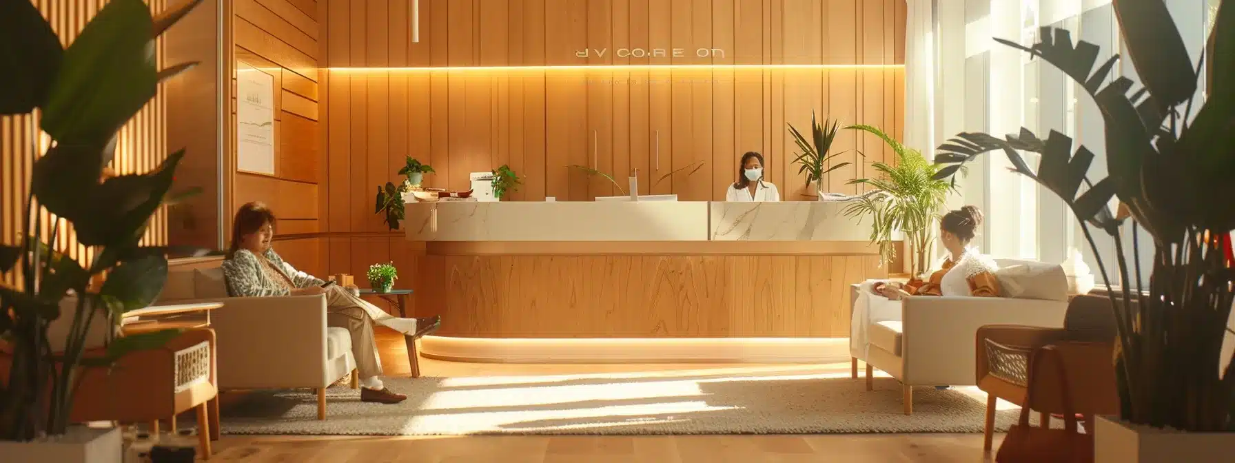 a serene dental clinic interior bathed in warm, inviting light, featuring a comfortable consultation area where a friendly dental professional engages attentively with a patient considering financing options for dental implants.
