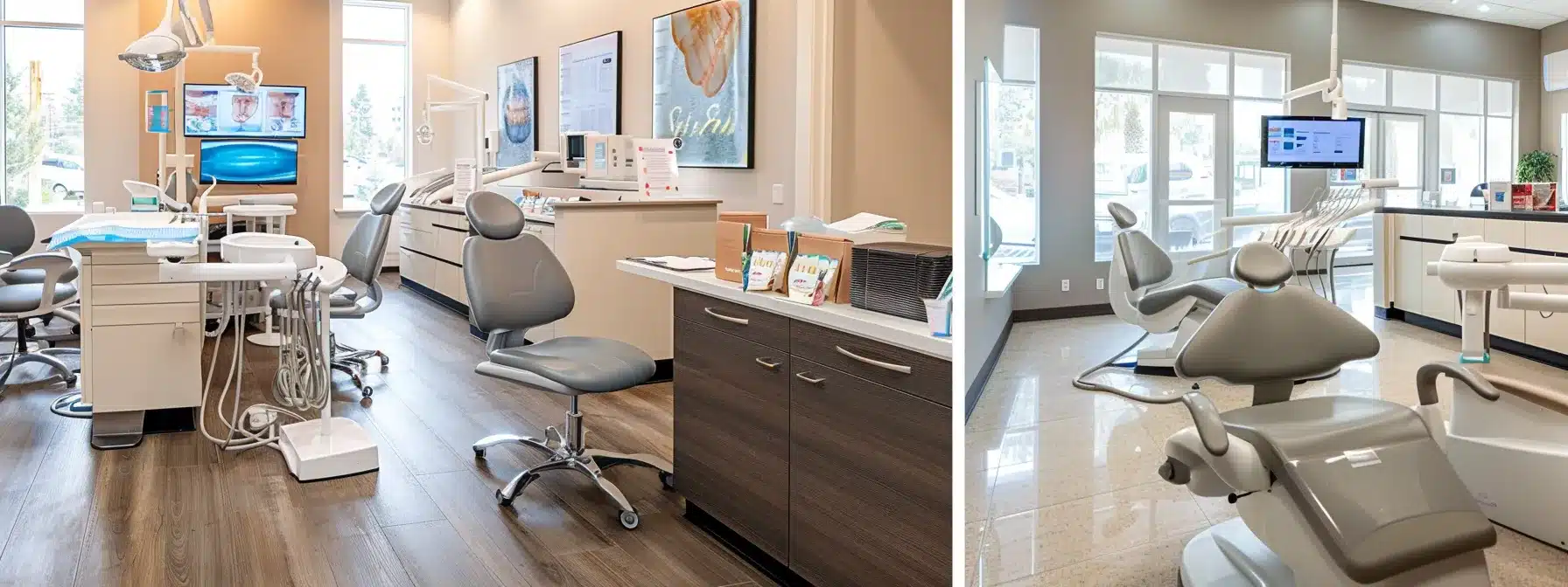 a serene dental clinic interior, illuminated by soft, natural light, featuring a welcoming consultation area with comfortable seating and informative brochures about flexible payment plans for dental implants prominently displayed.