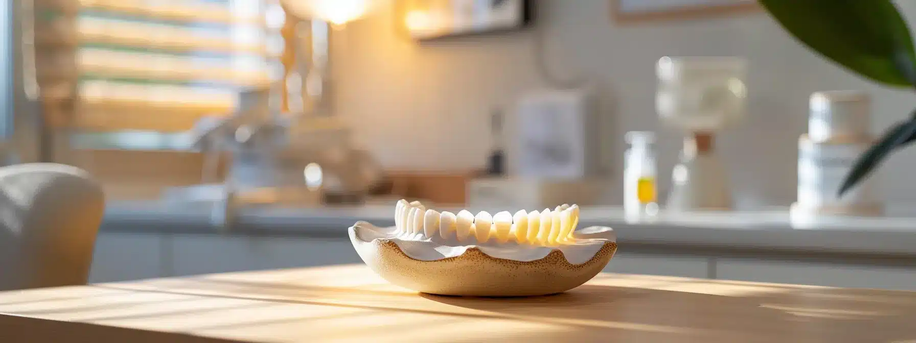 a serene dental clinic room bathed in soft, natural light, showcasing a gently glowing dental implant model alongside a comforting plate of soft pasta, symbolizing the path to healing and recovery.