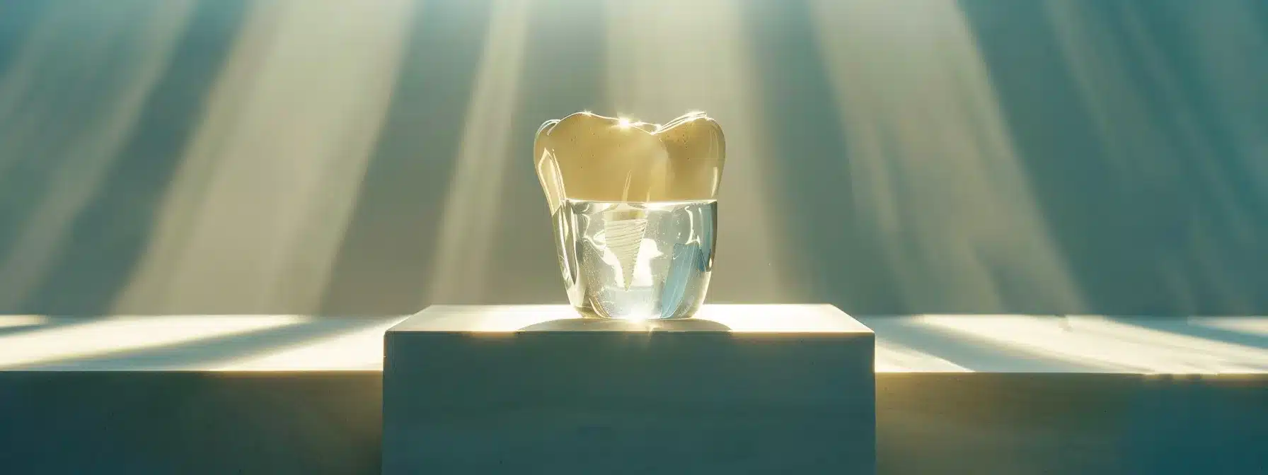 a serene dental clinic setting with a glistening dental implant model prominently displayed, surrounded by soft, diffused lighting and a clean, minimalist backdrop, symbolizing the journey of healing and care in cosmetic dentistry.