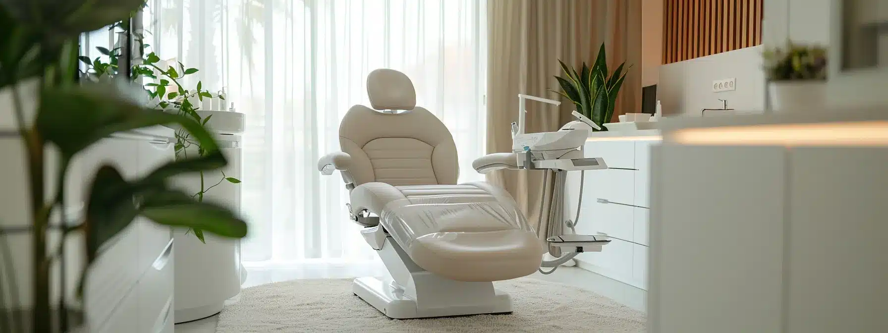 a serene dental clinic setting, bathed in soft, natural light, showcases a patient relaxing in a comfortable chair, embodying the theme of post-operative care and recovery after dental implants.