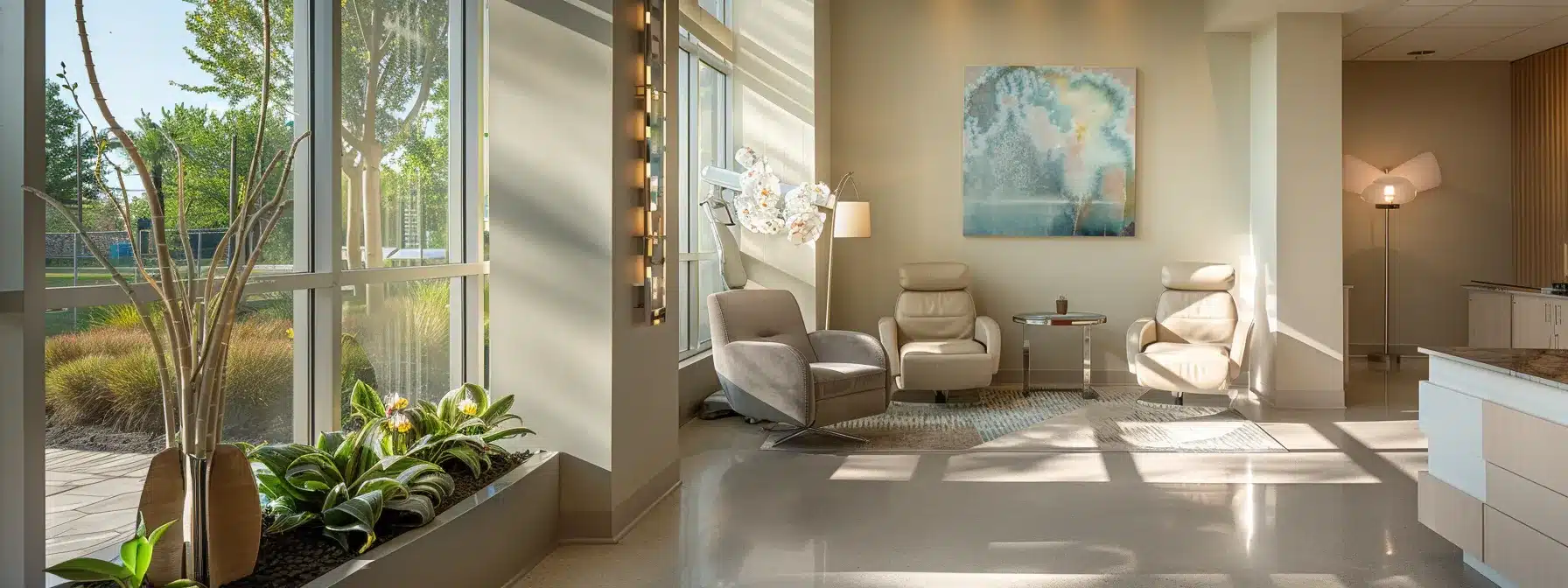 a serene dental clinic setting bathed in soft, natural light, showcasing a pristine dental chair and soothing decor to emphasize the importance of calm and attentive aftercare in post-implant healing.