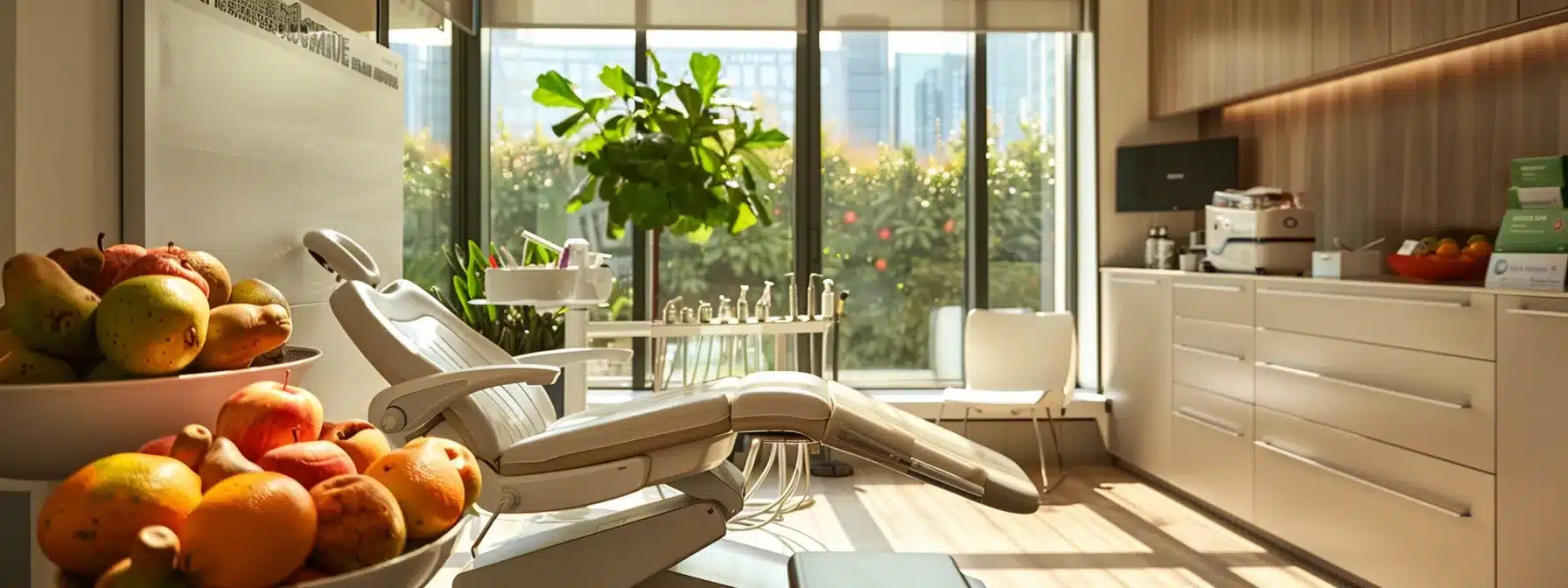 a serene dental clinic setting showcasing a patient relaxing in a chair, surrounded by vibrant, healing fruits and informative materials about post-operative care, illuminated by soft, natural light filtering through large windows.