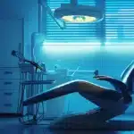 a serene dental clinic setting, featuring a bright and precise examination room with a gleaming dental chair under soft, warm lighting, focusing on the essential tools for dental implant aftercare.