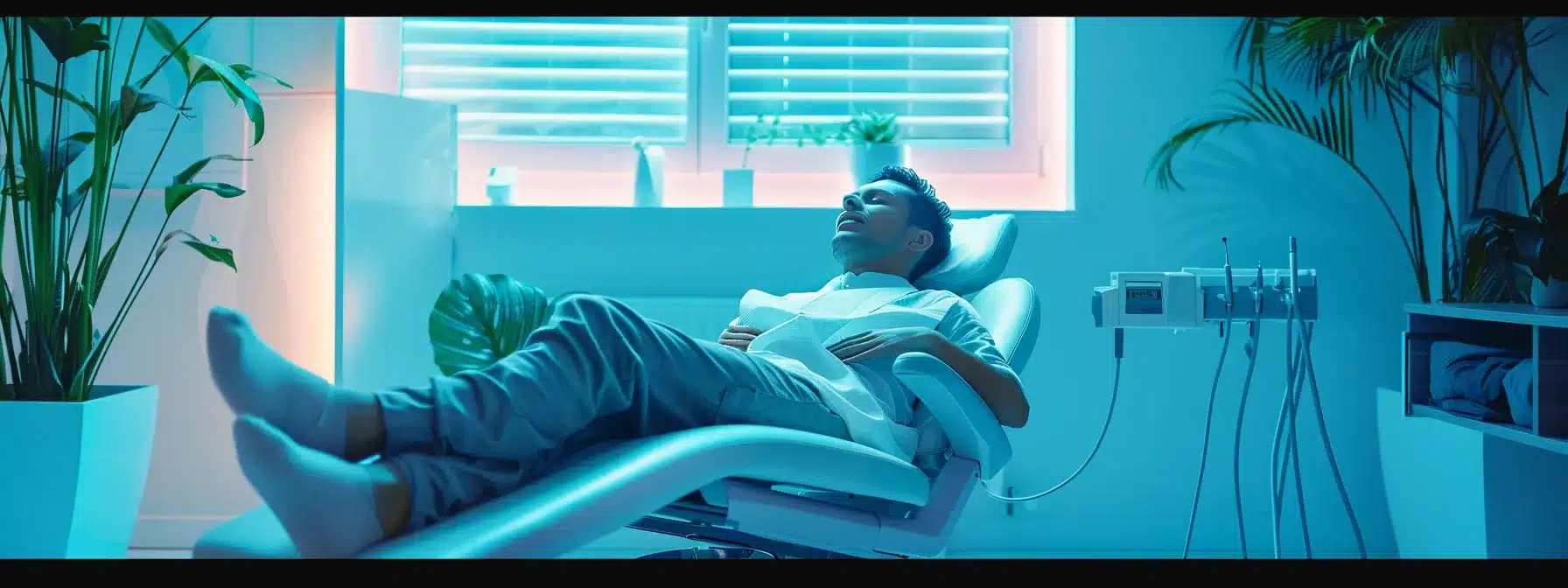 a serene dental clinic setting featuring a patient comfortably resting in a chair, surrounded by calming blue tones and soft lighting, symbolizing the journey of recovery and pain management after dental implant surgery.