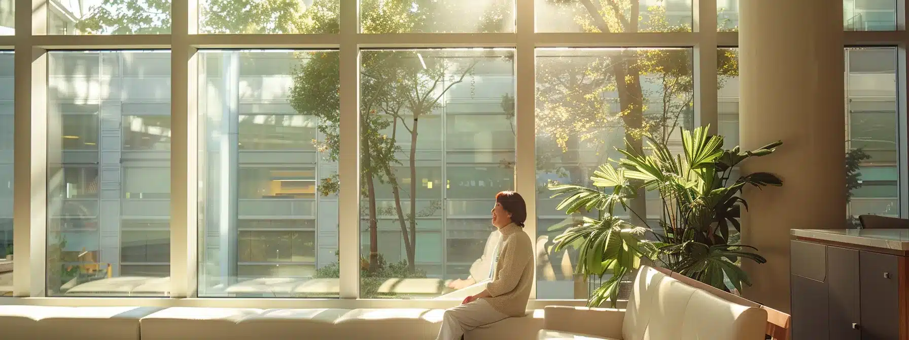 a serene dental clinic setting, showcasing an inviting consultation room with a bright, natural light filtering through large windows, where a patient smiles confidently, contemplating accessible financing options for their dental implants.