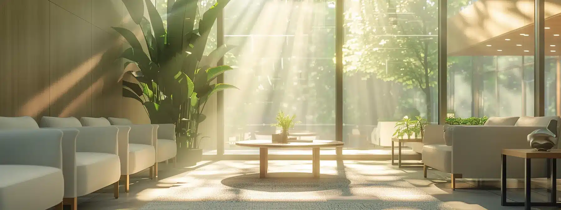 a serene dental clinic waiting room, softly lit with natural light filtering through large windows, showcasing modern decor and comfortable seating, inviting patients to feel at ease before their dental implant procedures.