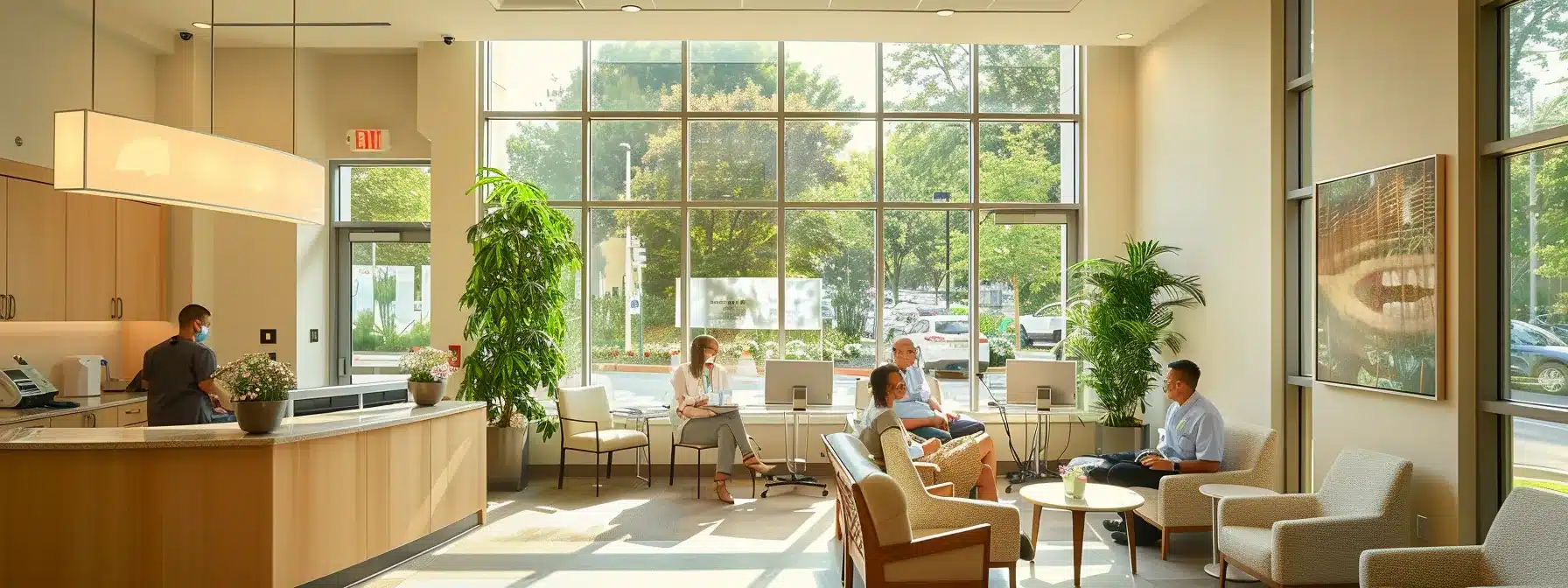 a serene dental office atmosphere, featuring a confident patient discussing a personalized full mouth dental implants payment plan with a compassionate dentist, illuminated by soft, natural light filtering through large windows.