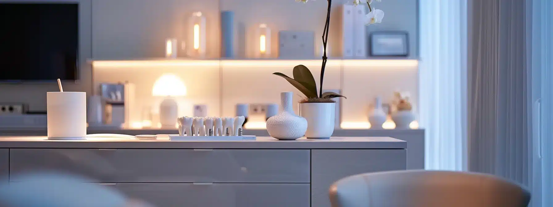 a serene dental office bathed in soft, warm light, showcasing a confident patient discussing the ease of monthly installment plans for dental implants with a friendly dentist.