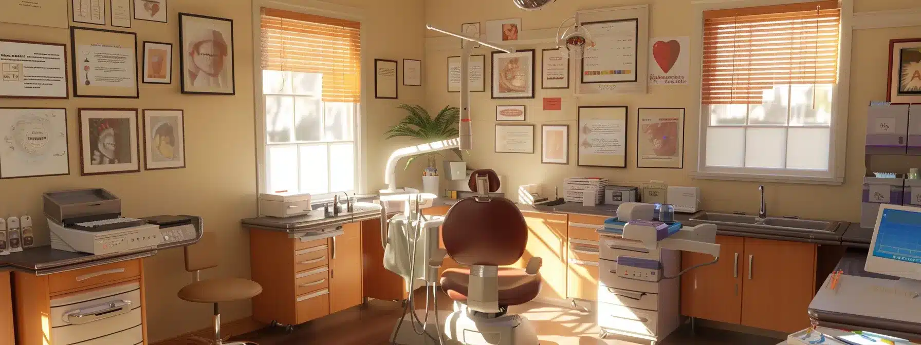 a serene dental office environment, highlighted by a warm and inviting atmosphere, featuring a modern dental chair surrounded by professional certificates and soothing decor, symbolizing trust and excellence in dental care.