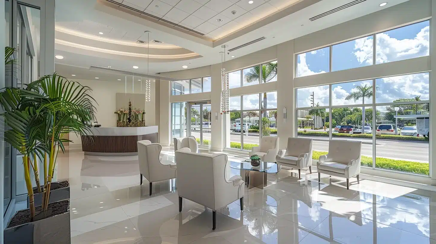 a serene dental office setting in lake worth, bathed in soft, natural light, showcasing a confident smiling patient with bright, healthy dental implants, emphasizing advanced oral care and community trust.