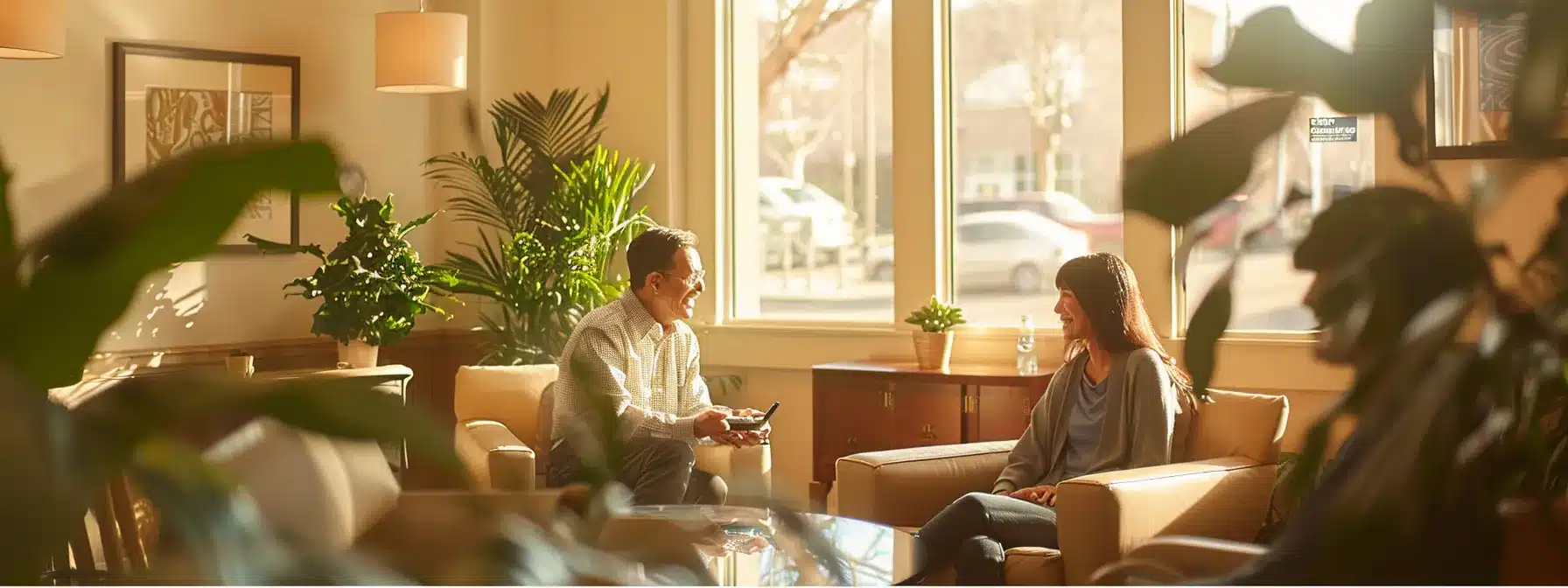 a serene dental office with a bright, welcoming atmosphere, featuring a confident patient discussing a clearly outlined payment plan with a compassionate dentist, illuminated by warm, natural lighting.