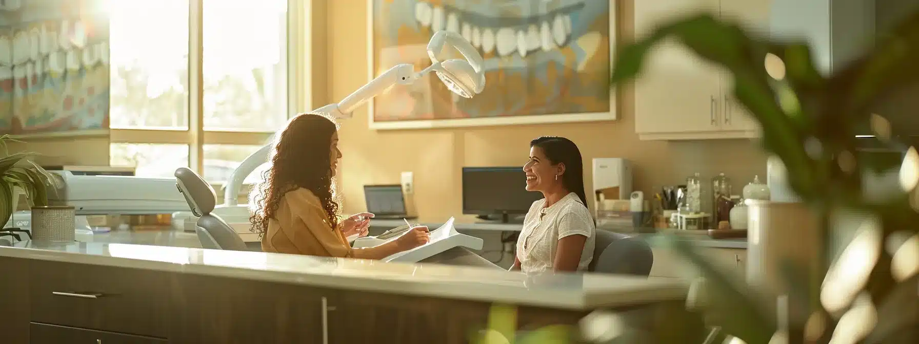 a serene dental office with a sunlit, modern environment, showcasing a confident patient discussing financing options with a knowledgeable consultant, emphasizing the importance of financial planning for successful full mouth dental implants.