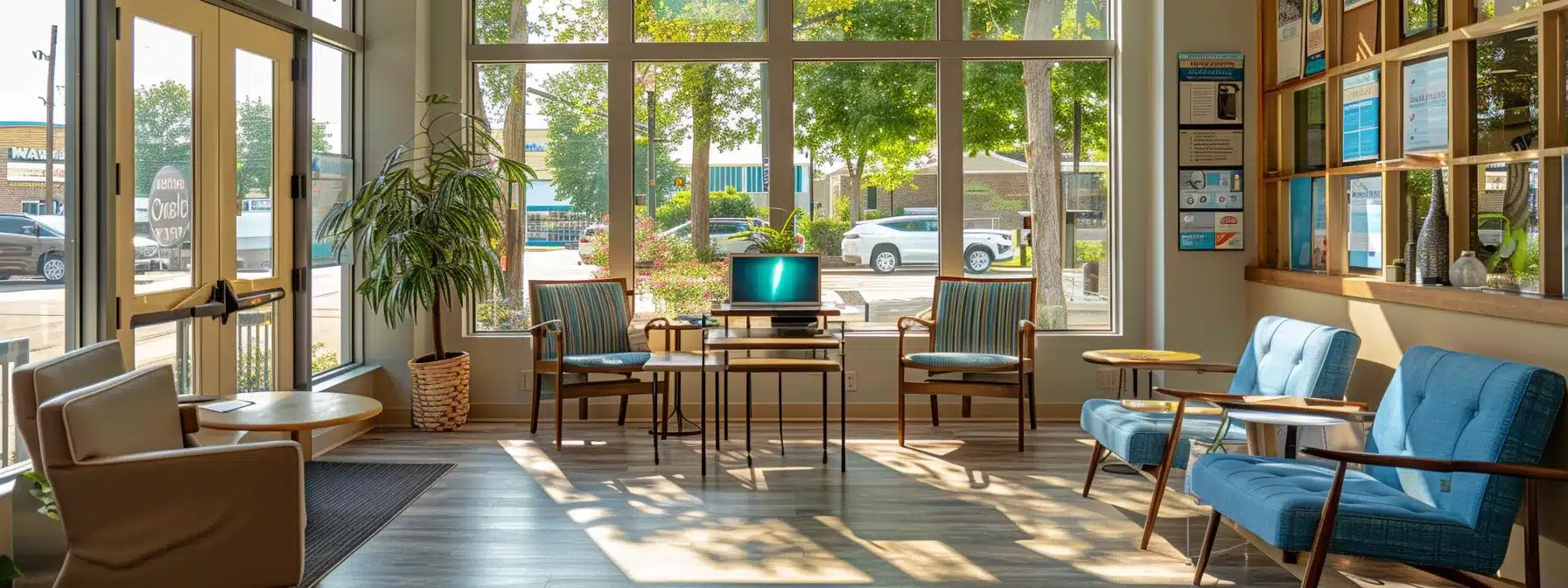 a serene dentist's office adorned with bright, natural light filtering through large windows, showcasing a central table filled with informative dental care brochures and a laptop displaying engaging dental blogs, symbolizing accessible resources for dental implant aftercare in fort worth.