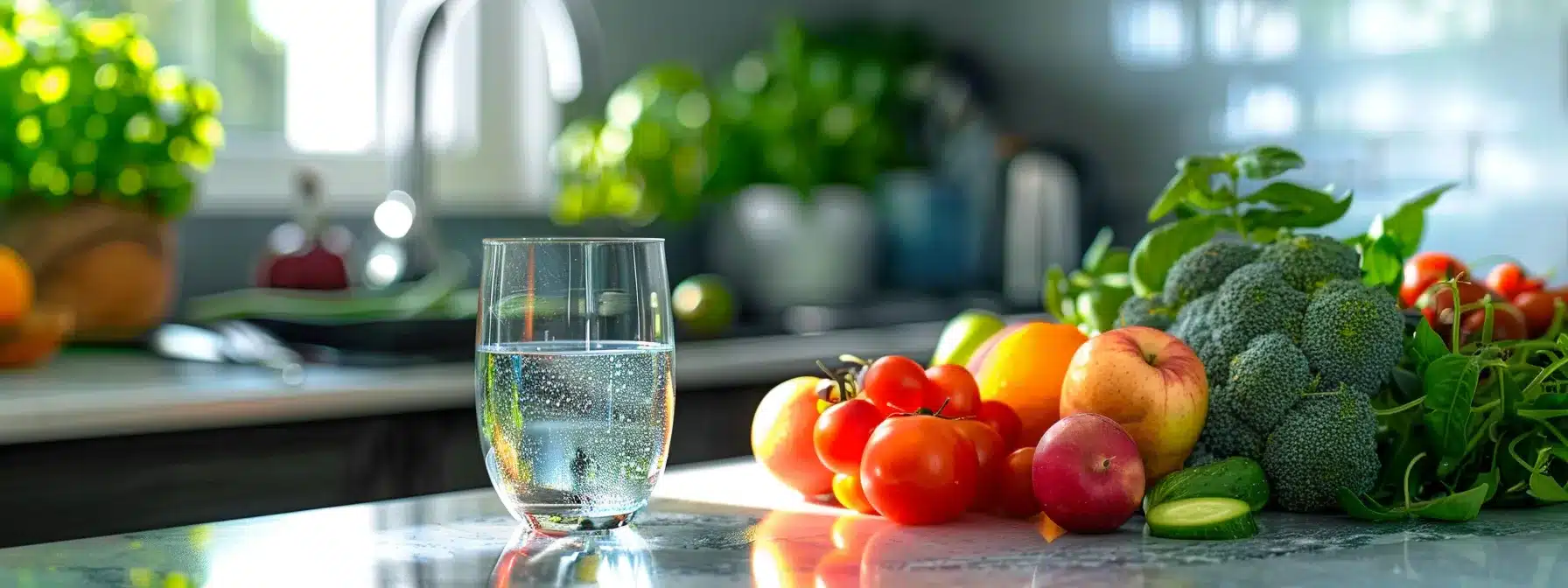 a serene kitchen setting showcases a vibrant display of fresh fruits, vegetables, and a glass of water, symbolizing the essential role of nutrition and hydration in supporting oral health and healing during the recovery from dental implants.