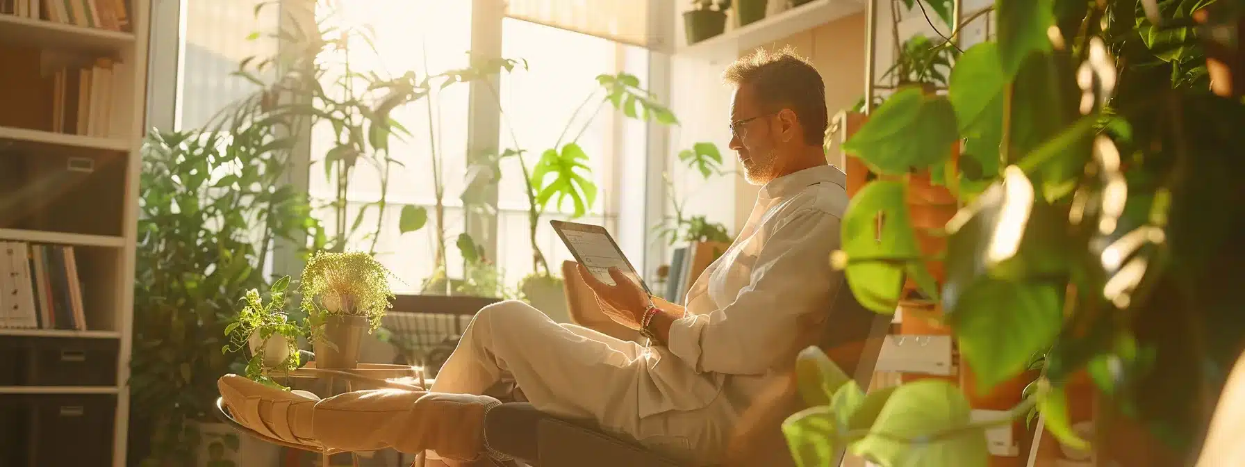 a serene patient sitting in a sunlit dental office, surrounded by soft greenery, engaged in gentle oral care while a dentist reviews a digital progress chart on a sleek tablet, symbolizing the journey of implant recovery and aftercare.