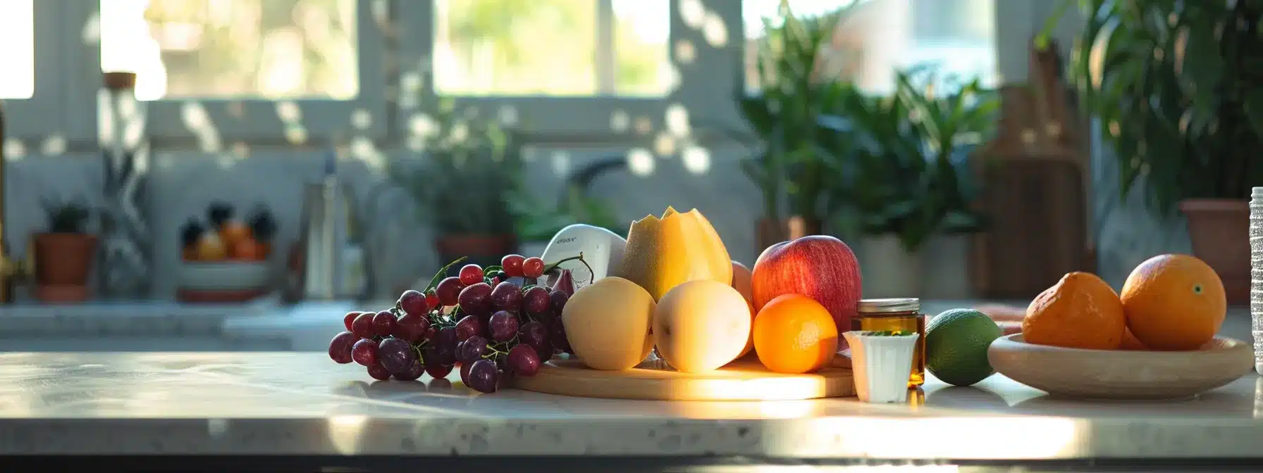 a serene, softly lit kitchen table features a vibrant arrangement of ripe soft fruits and a sparkling clean dental care kit, symbolizing the harmony between nutrition and oral hygiene for quick dental implant healing.