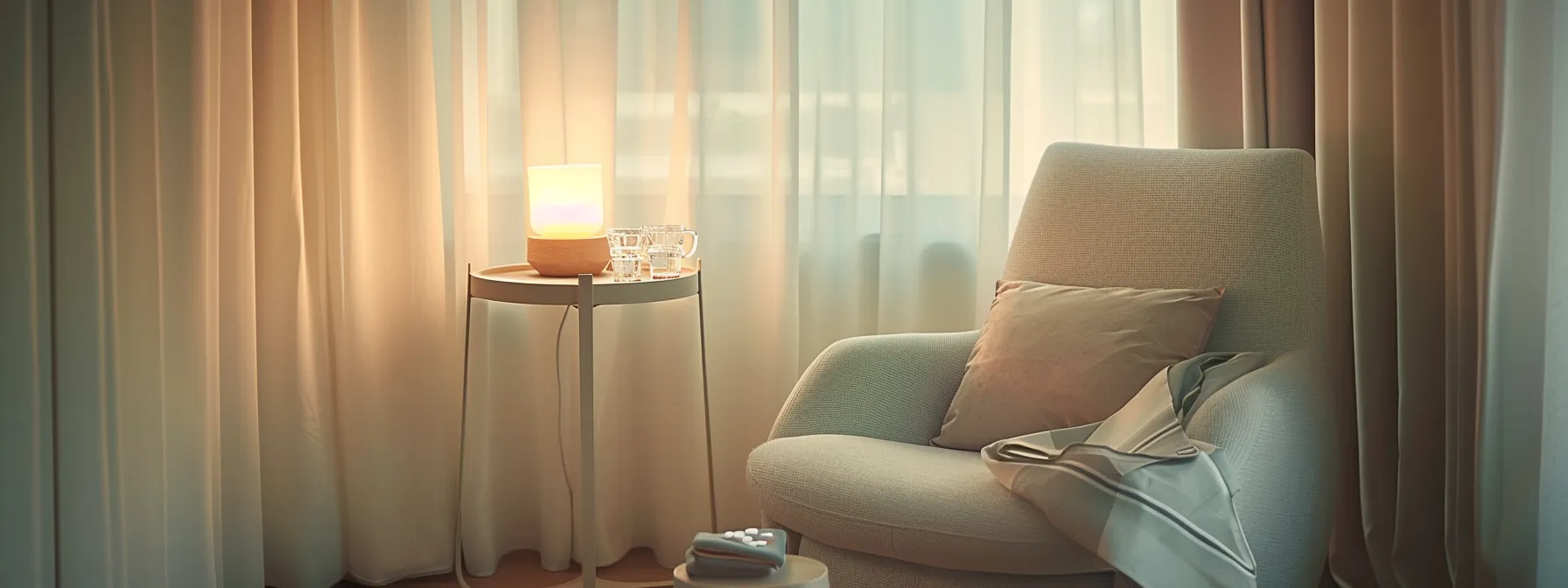 a serene, softly lit recovery space features a cozy chair, a small table with a glass of water and soothing ibuprofen tablets, emphasizing the importance of comfort and healing after dental implant surgery.