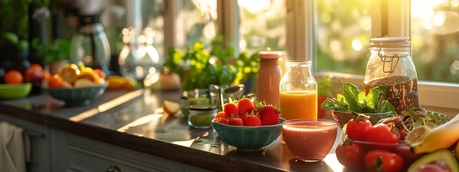 a serene, sunlit kitchen showcases a beautifully arranged bowl of vibrant, colorful smoothies and soups, symbolizing a nourishing liquid diet essential for recovery after dental implant surgery.