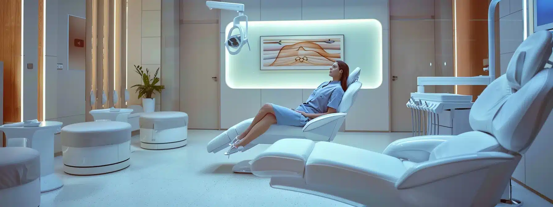 a serene, well-lit dental clinic setting showcases a patient in a relaxed posture, surrounded by calming decor, symbolizing the importance of post-operative care and healing after dental implant surgery.