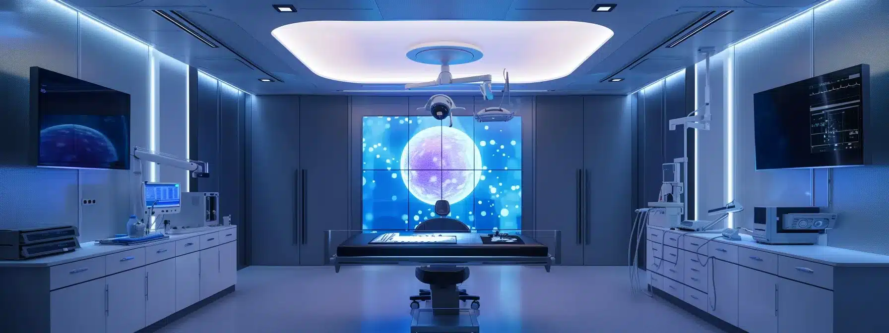 a sleek, high-tech dental surgery room showcases advanced 3d imaging and guided surgical tools under bright, sterile lighting, emphasizing the precision and innovation in modern implant procedures.