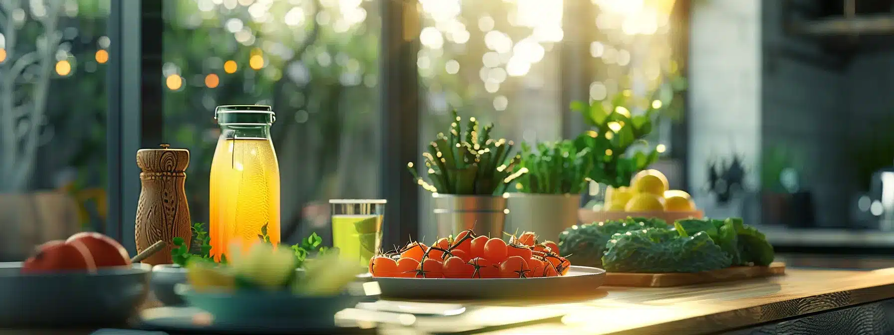 a soothing kitchen setting with a beautifully arranged table showcasing a variety of soft, nutritious foods and drinks ideal for post-dental implant recovery, illuminated by warm, natural light streaming through a nearby window.
