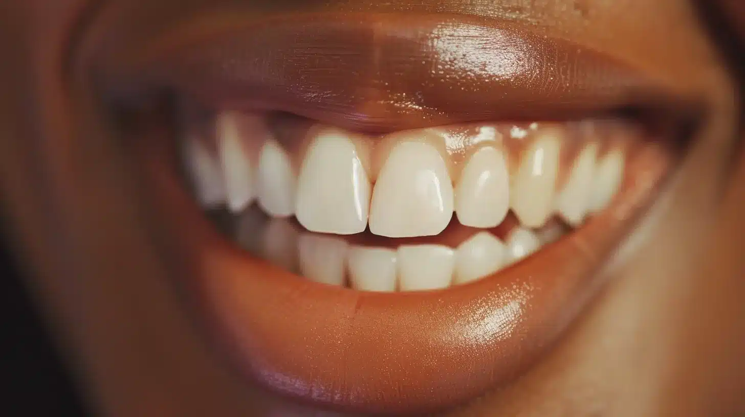 a striking close-up of a radiant smile showcasing a flawless dental implant, with soft, natural lighting that highlights the implant's seamless integration into the gums, contrasting against the dull appearance of a nearby denture in a clinical setting.