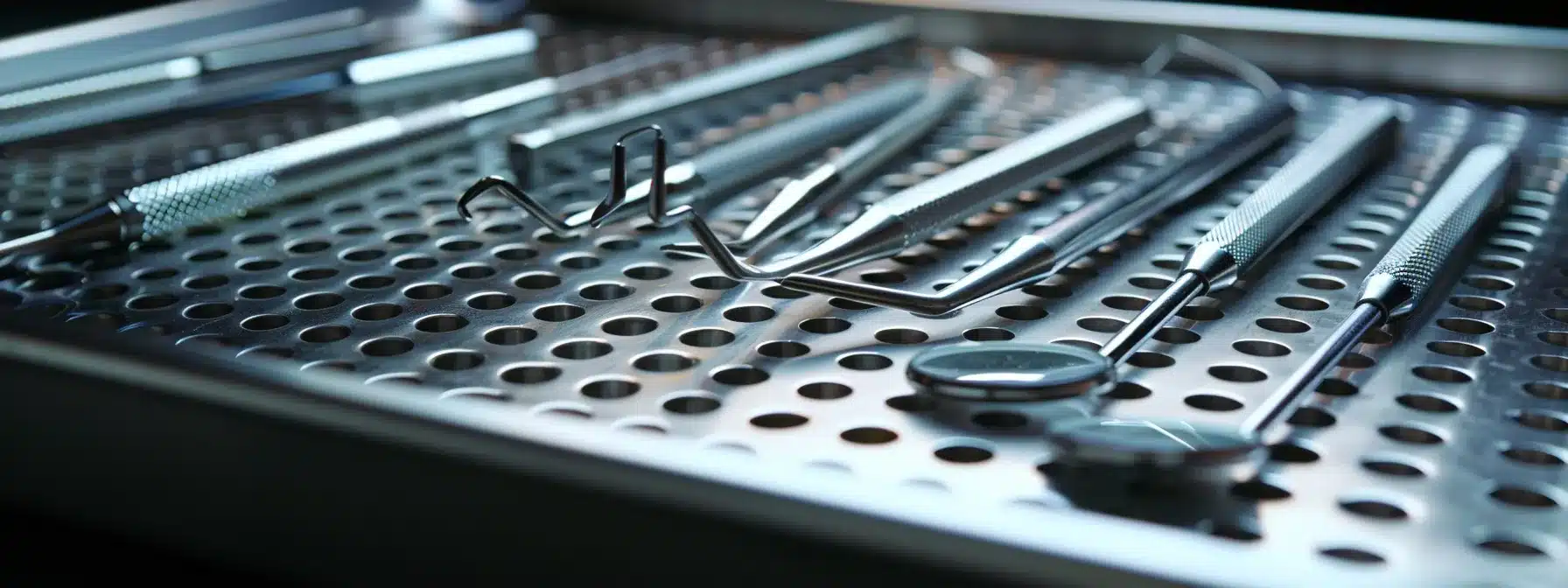 a striking close-up of a dentist's tools meticulously arranged on a stainless steel tray, illuminated by soft, focused lighting to emphasize the precision and complexity of dental implant procedures.