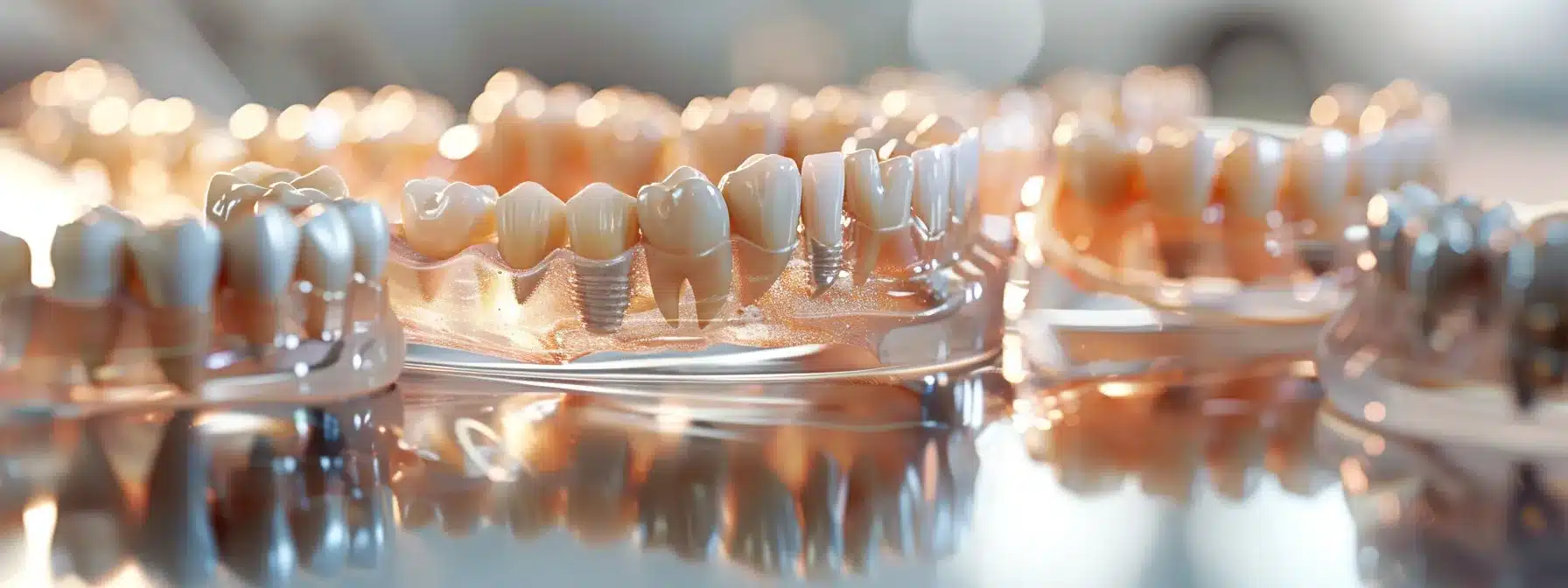 a striking close-up of an array of dental implant options, including sleek bridges and elegant dentures, displayed on a reflective surface beneath soft, diffused lighting that highlights their polished surfaces and intricate designs.