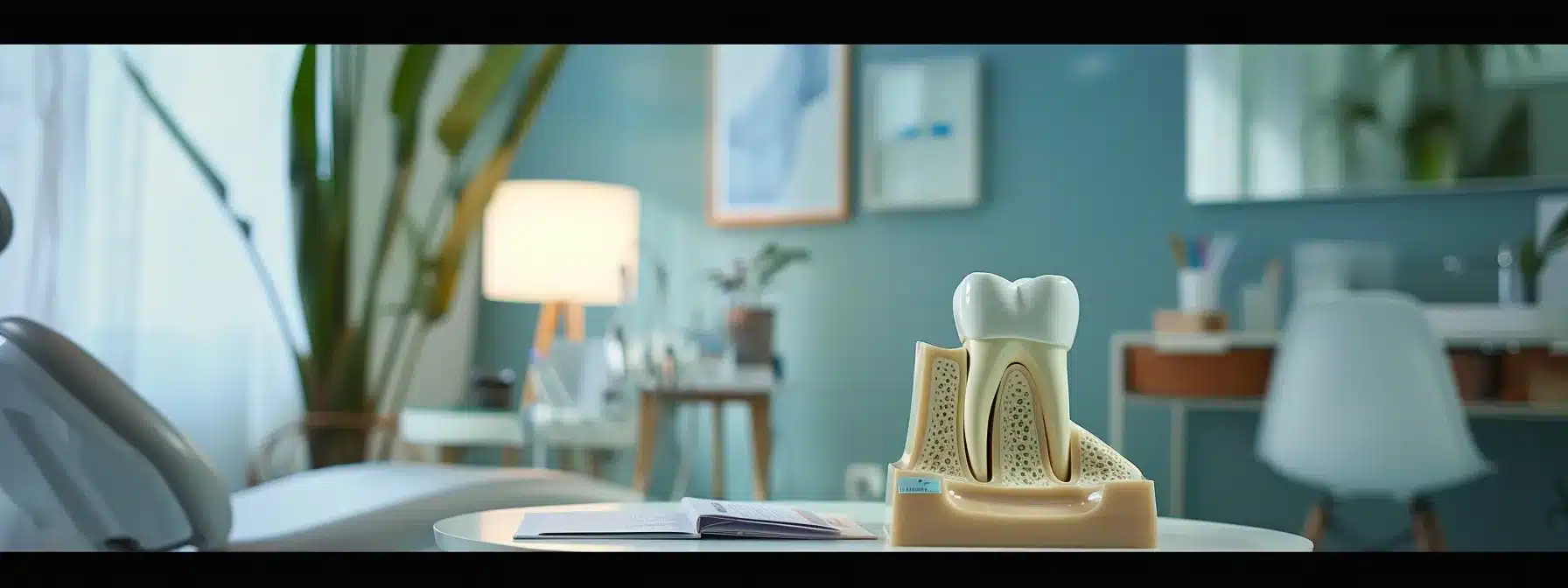 a thoughtfully arranged dental office showcases a serene consultation space, highlighting a clear, inviting dental payment plan brochure alongside a dental implant model, illuminated by soft, natural light to evoke a sense of trust and clarity in financial decision-making.