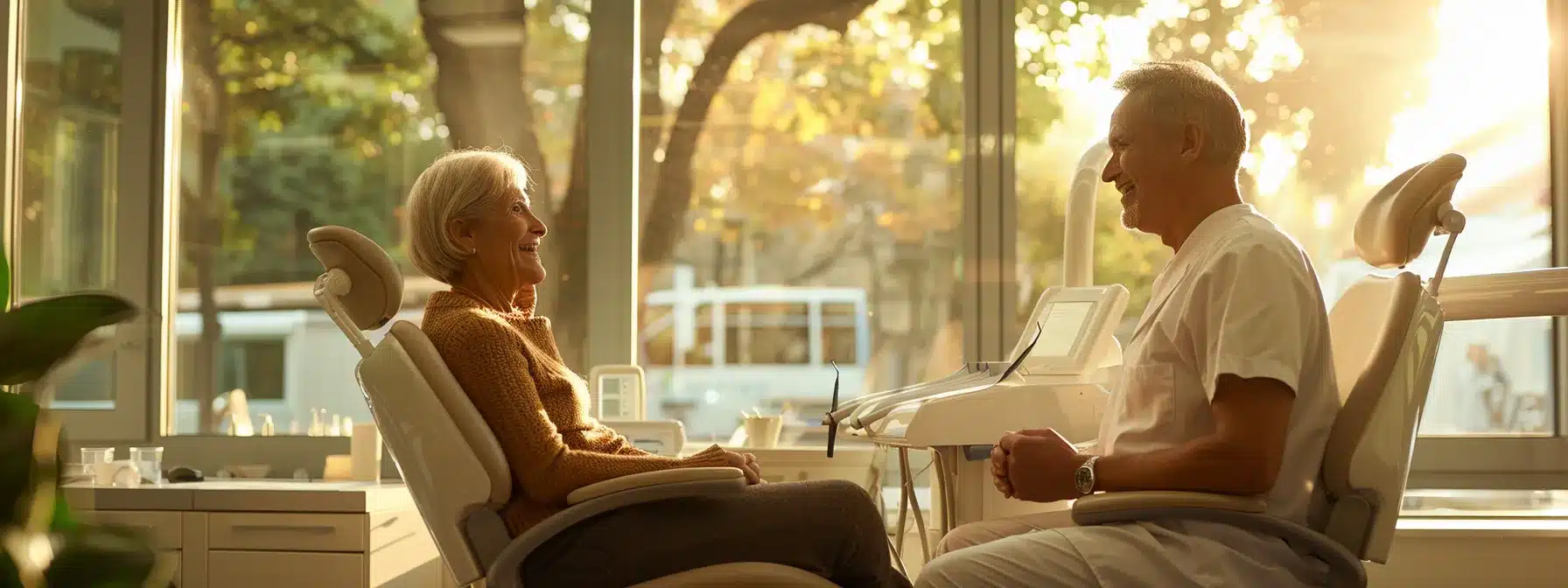 a thoughtfully composed dental consultation scene, capturing a warm, inviting office with a concerned patient discussing options for dentures with a knowledgeable orthodontist, illuminated by soft, natural light filtering through large windows.