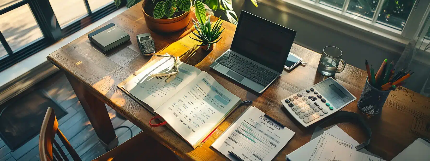 a thoughtfully organized financial planner rests on a wooden table, surrounded by dental brochures and a calculator, symbolizing the crucial budgeting process for full mouth dental implants.