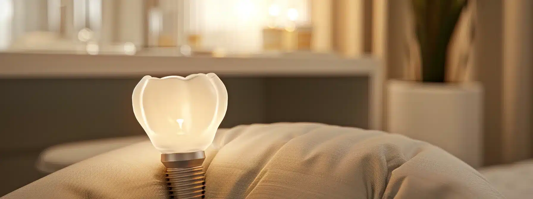 a tranquil dental clinic setting showcases a gleaming, pristine dental implant on a soft pillow surrounded by gentle lighting, symbolizing careful recovery and optimal oral hygiene.