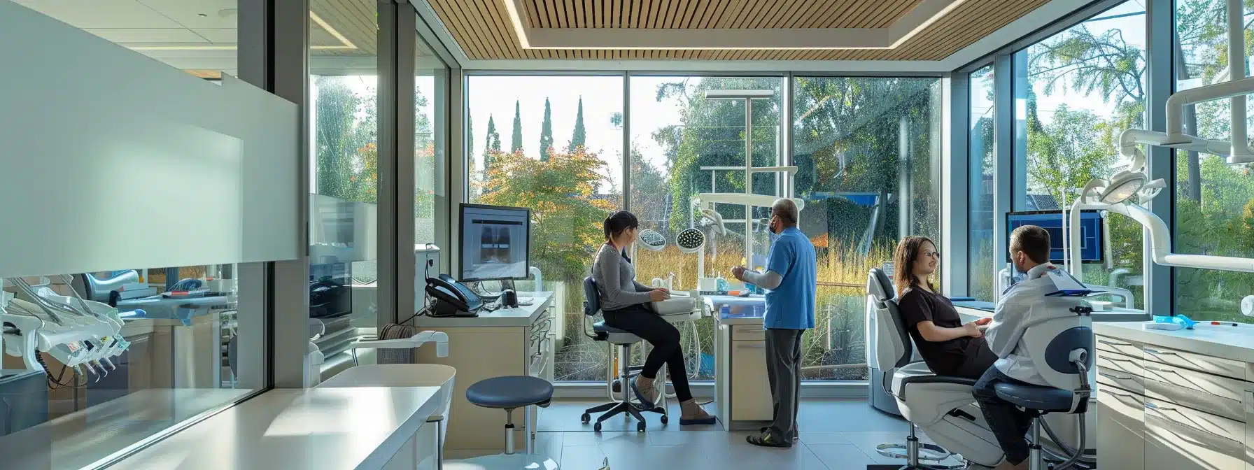 a vibrant dental clinic interior showcases smiling patients discussing accessible payment plans for dental implants, illuminated by warm natural light filtering through large windows, creating an atmosphere of hope and satisfaction.