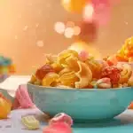 a vibrant display of contrasting foods, featuring crunchy, hard snacks, and sticky sweets set against a soft, blurred background, emphasizing the theme of dietary caution for optimal dental implant healing.