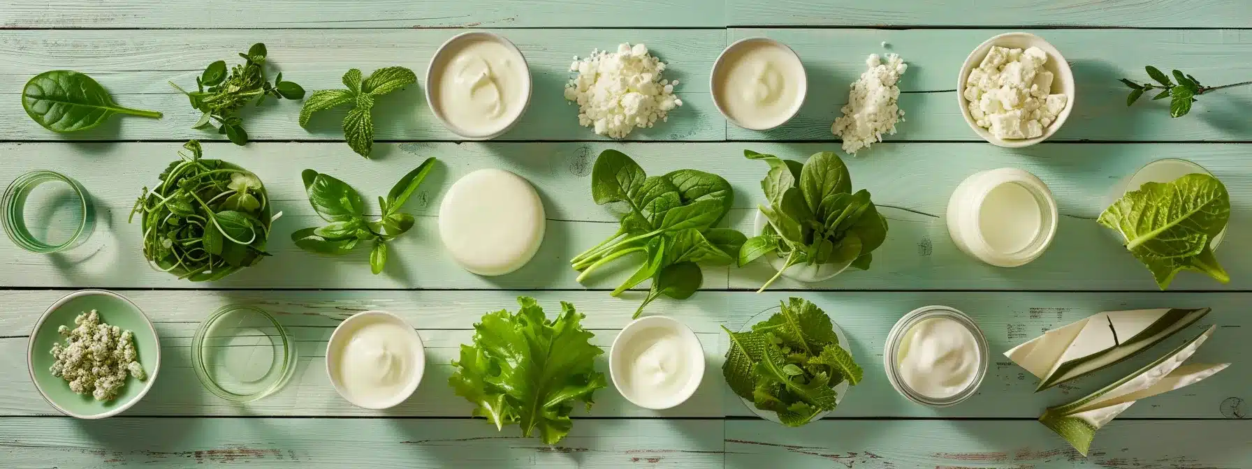 a vibrant, fresh assortment of dairy products and leafy greens arranged artistically on a bright wooden table, symbolizing the vital role of nutrition in ensuring the longevity and health of dental implants.